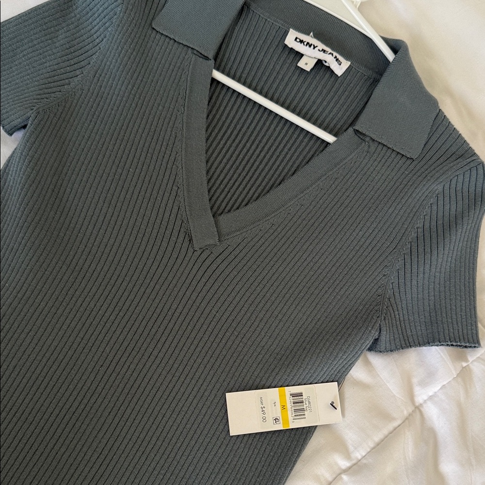 DKNY Ribbed Short-Sleeve Polo Top in Slate Blue-Green